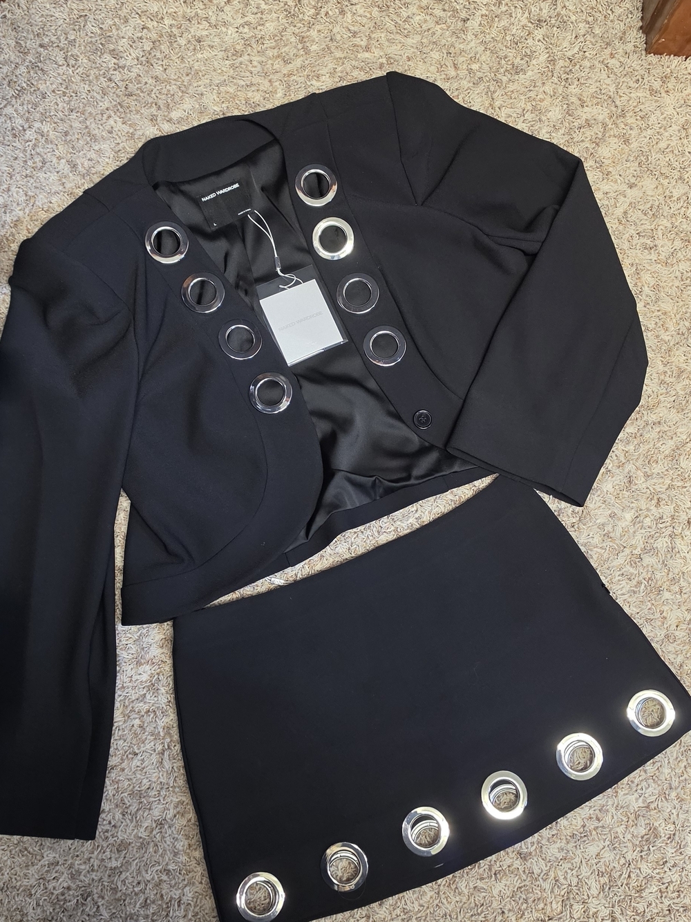 naked wardrobe Black Grommet Crop Blazer & Mini Skirt Set